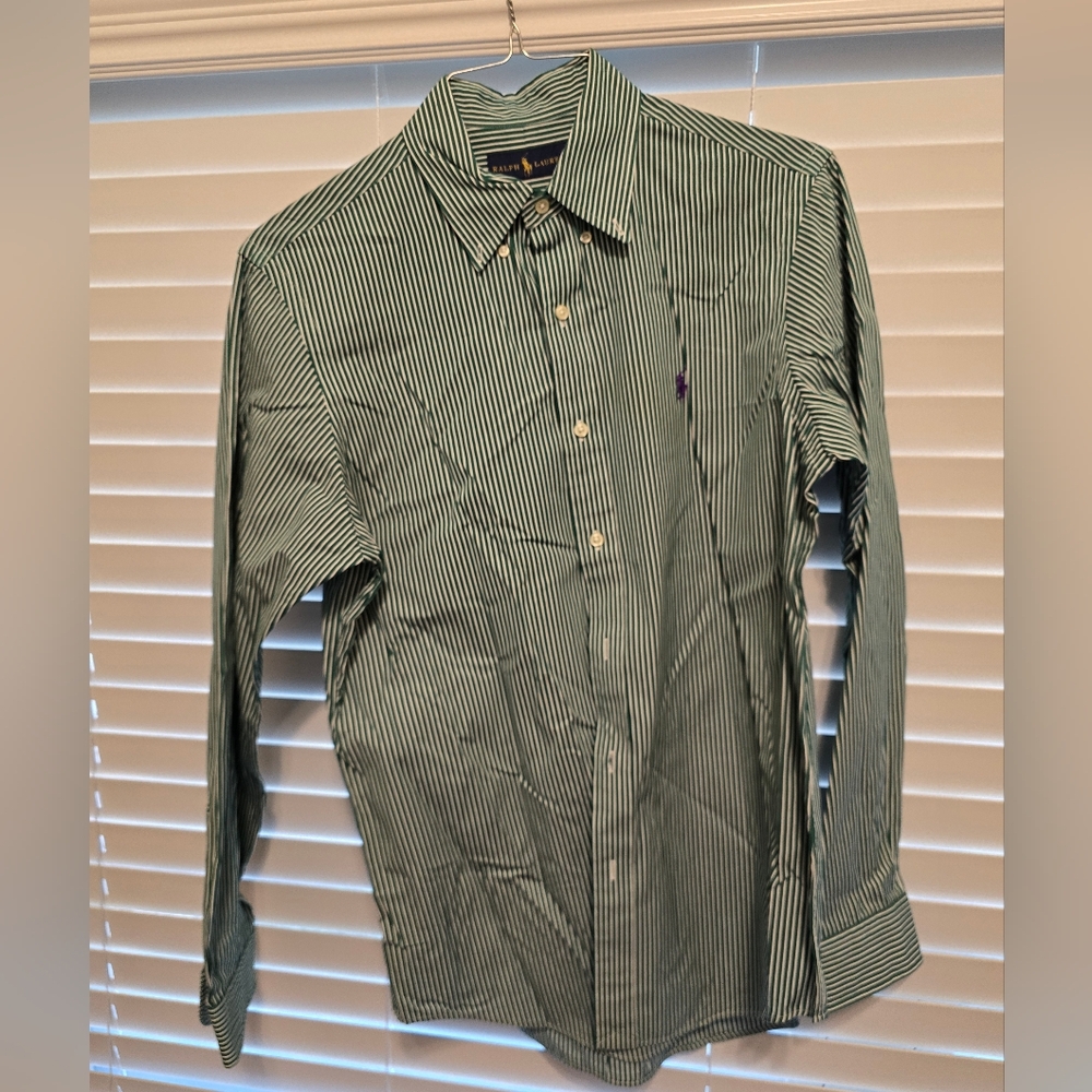 Mens Button Down Shirt Green Strips, Ralph Lauren, Polo, medium